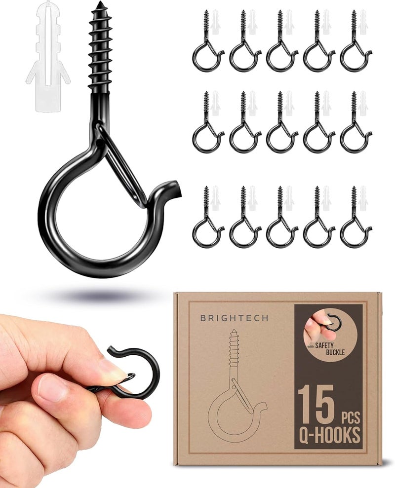 brightech String Light Screw Hooks - Ceiling Hooks for Hanging Solar, Plug-in Lights, Outdoor String Lights - Q Hooks with Safety Buckle Design for Porch, Patio - 15 Pack, Black, AMB-HKS-15 - Image 1